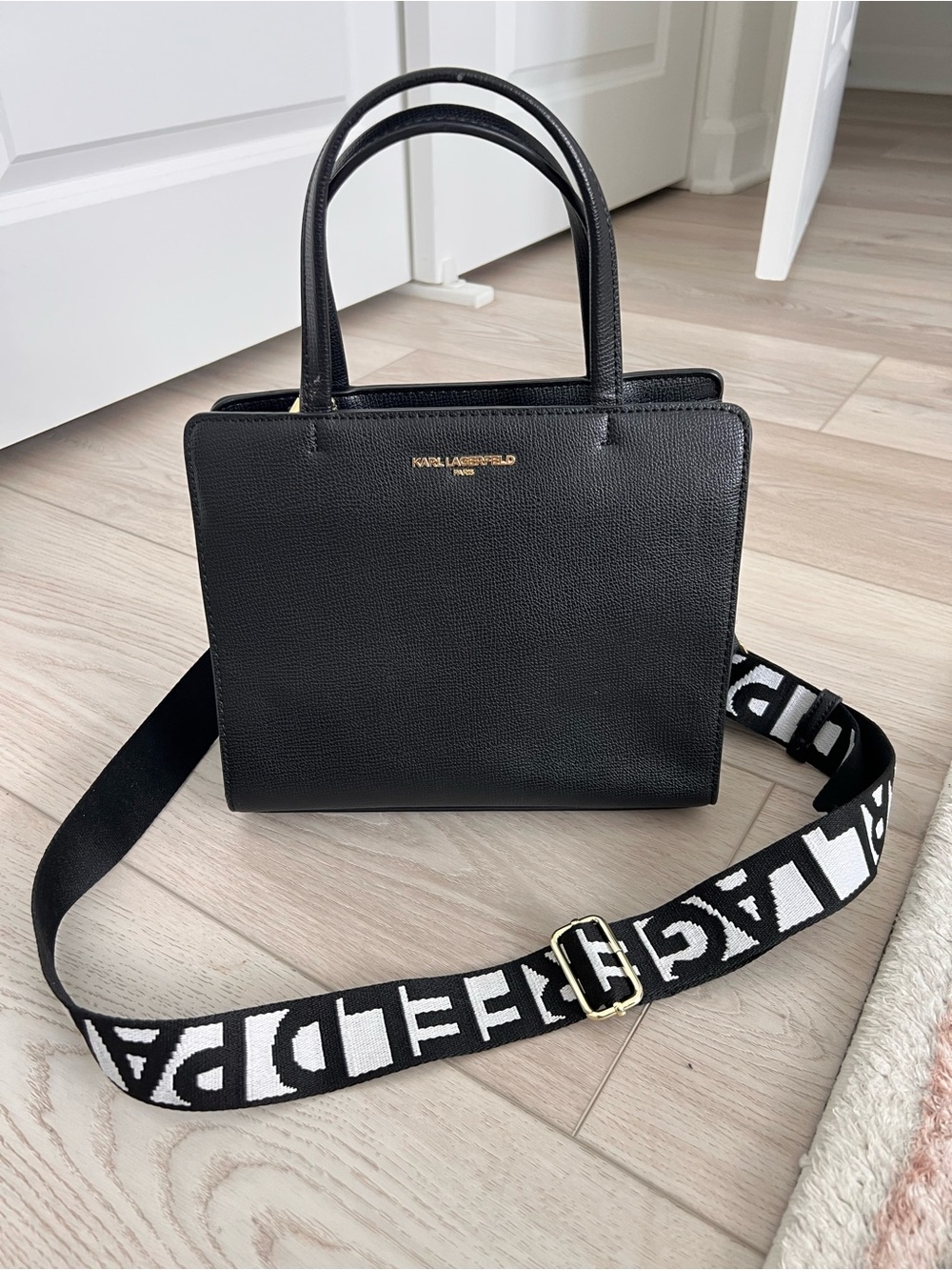 Karl Lagerfeld Black Leather Satchel with Logo Strap
